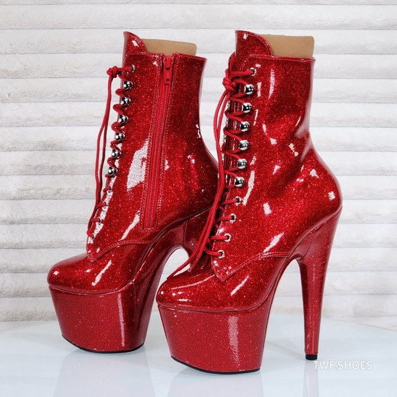 Ruby Red Glitter Patent 7" High Heel Platform Lace Up Ankle Boots 1020GP - Picture 3 of 8